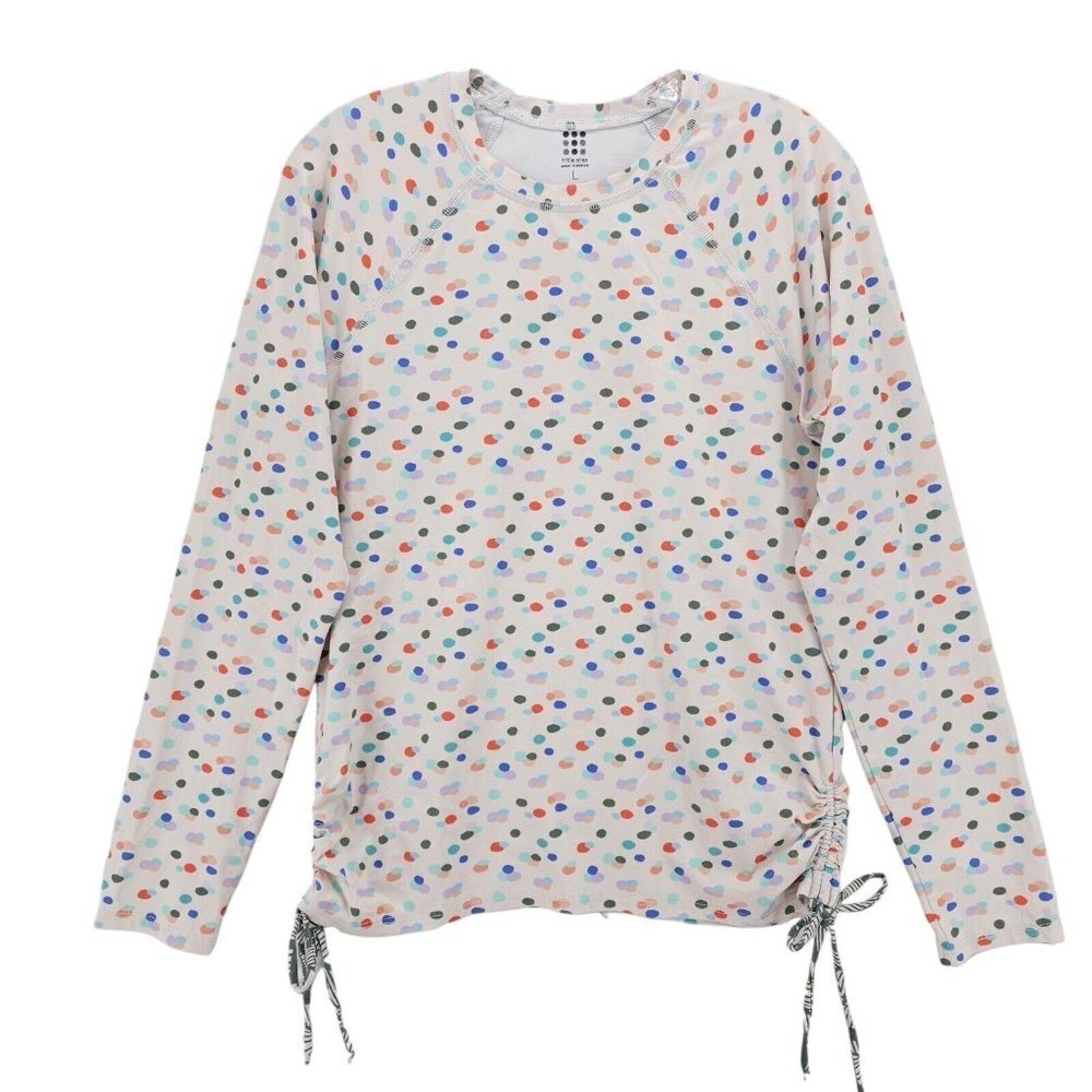 TITLE NINE Long Sleeve Stretch Top Ruched Tie Sides Blush Colorful Dots LARGE